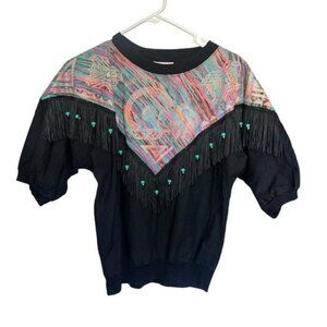 Hazel Wood Vintage Southwestern Fringe Black Top With Multicolor Graphic Size M